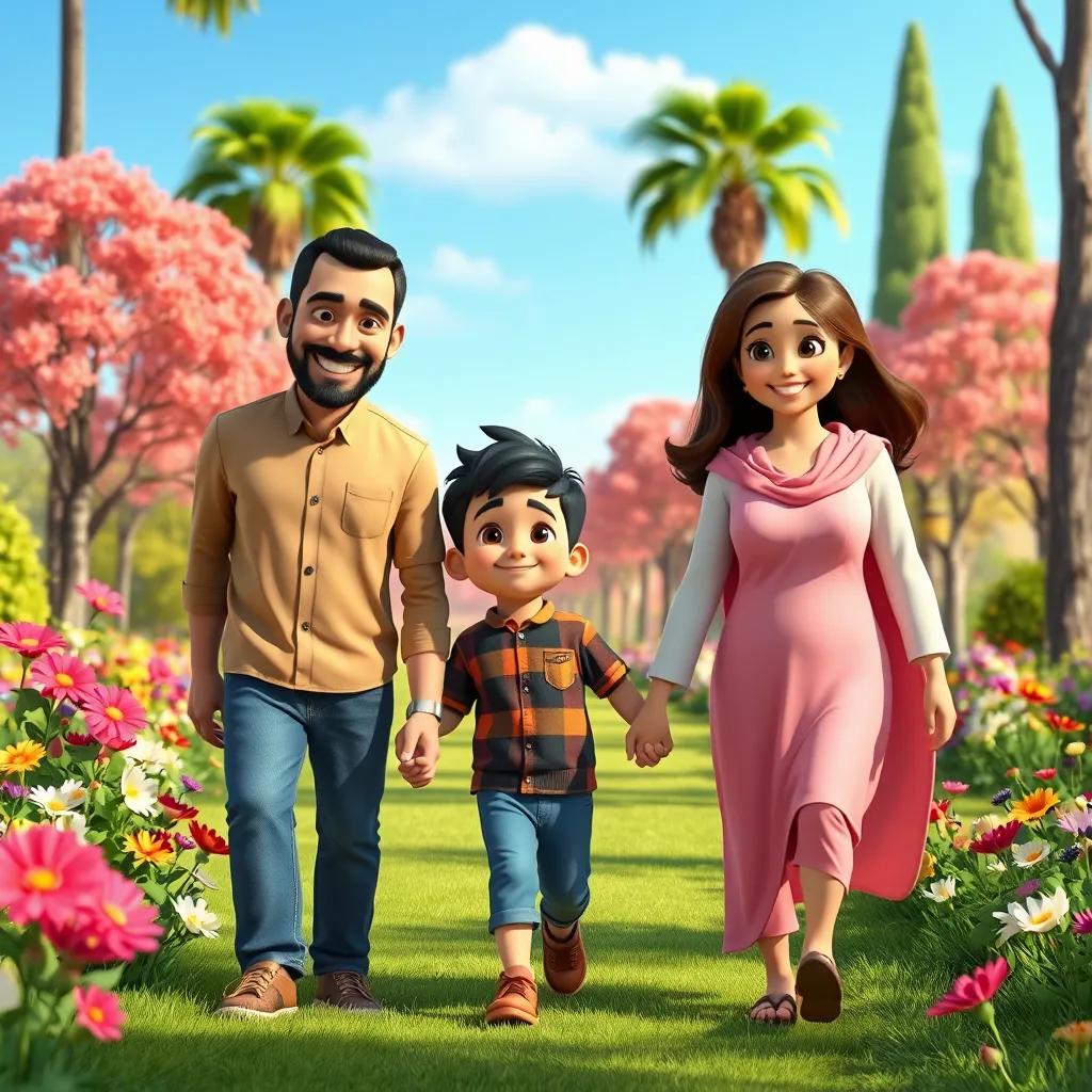 Image of A young Arab boy, Ali, holding hands with his smiling parents while walking in a colorful park, surrounded by blooming flowers and tall trees, sunny day, cheerful, vibrant scene, digital art, happy family moment, high quality