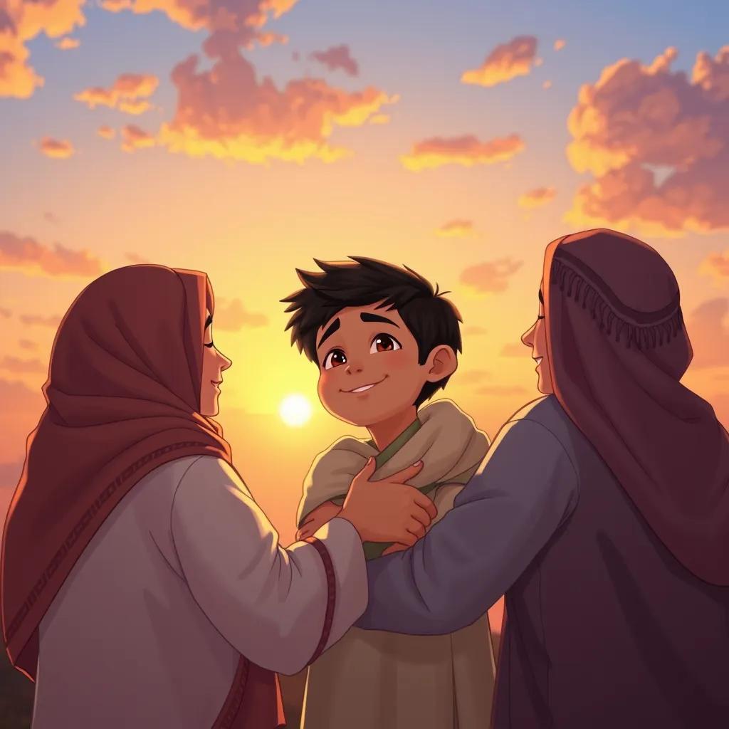 Image of Ali, a young Arab boy with short black hair, hugging his parents under a sunset sky, expressing love and gratitude, warm light, heartwarming atmosphere, illustration, family bond, high quality