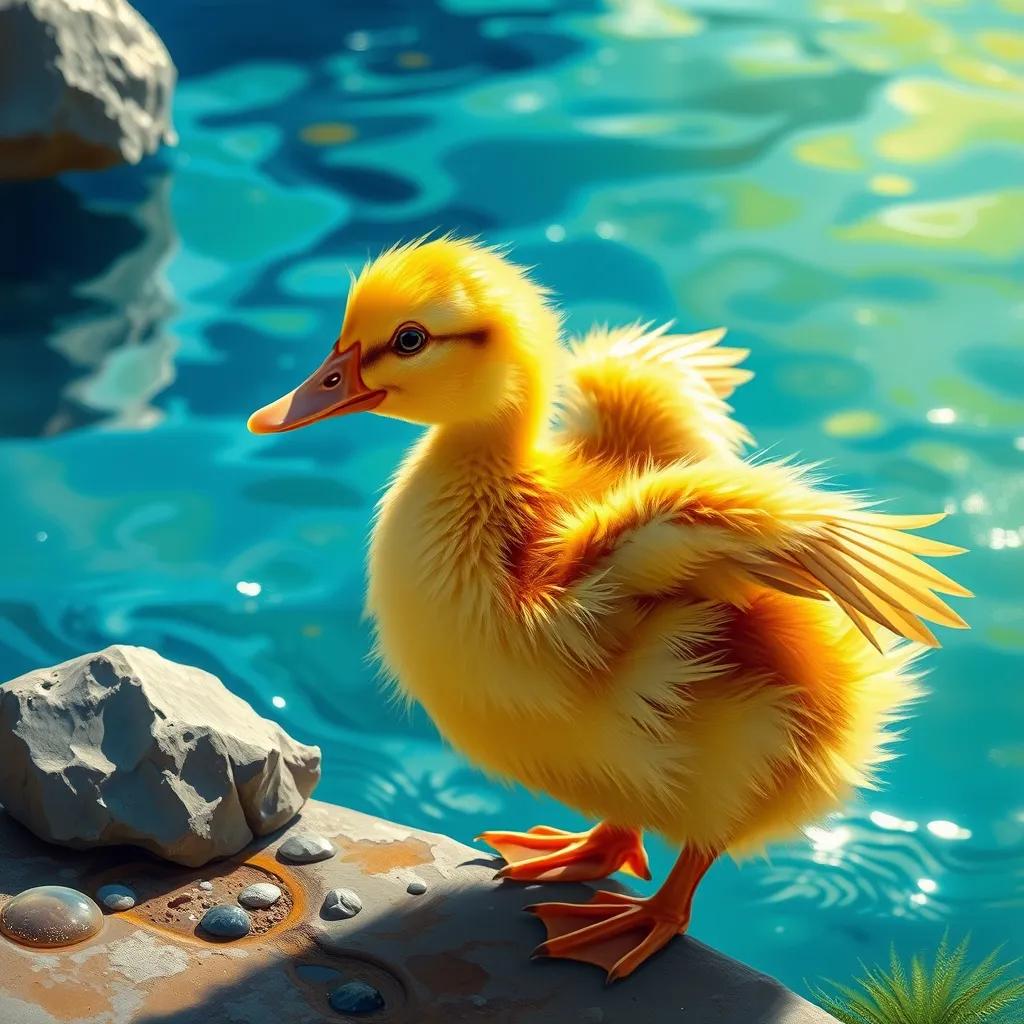 Image of A small duck, Leila, with fluffy yellow feathers, practicing flapping her wings next to a blue pond, bright sunlight, cheerful atmosphere, vibrant colors