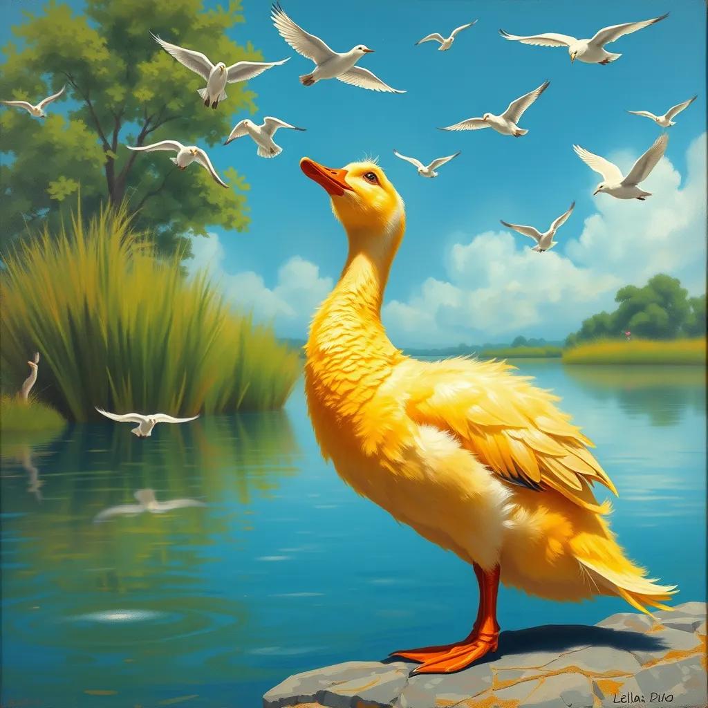 Image of Leila the duck, with fluffy yellow feathers, standing on the edge of the pond, looking up at flying birds in the blue sky, motivation and determination in her eyes, colorful, sunny day