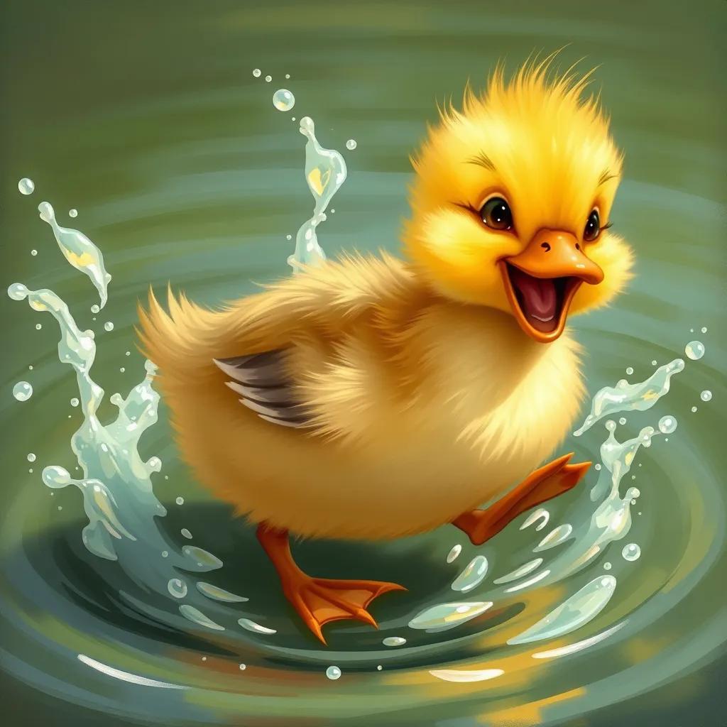 Image of A small duck, Leila, with fluffy yellow feathers, attempting to jump from the pond, water splashing around her, excited expression, illustration, fun and light-hearted, child-friendly