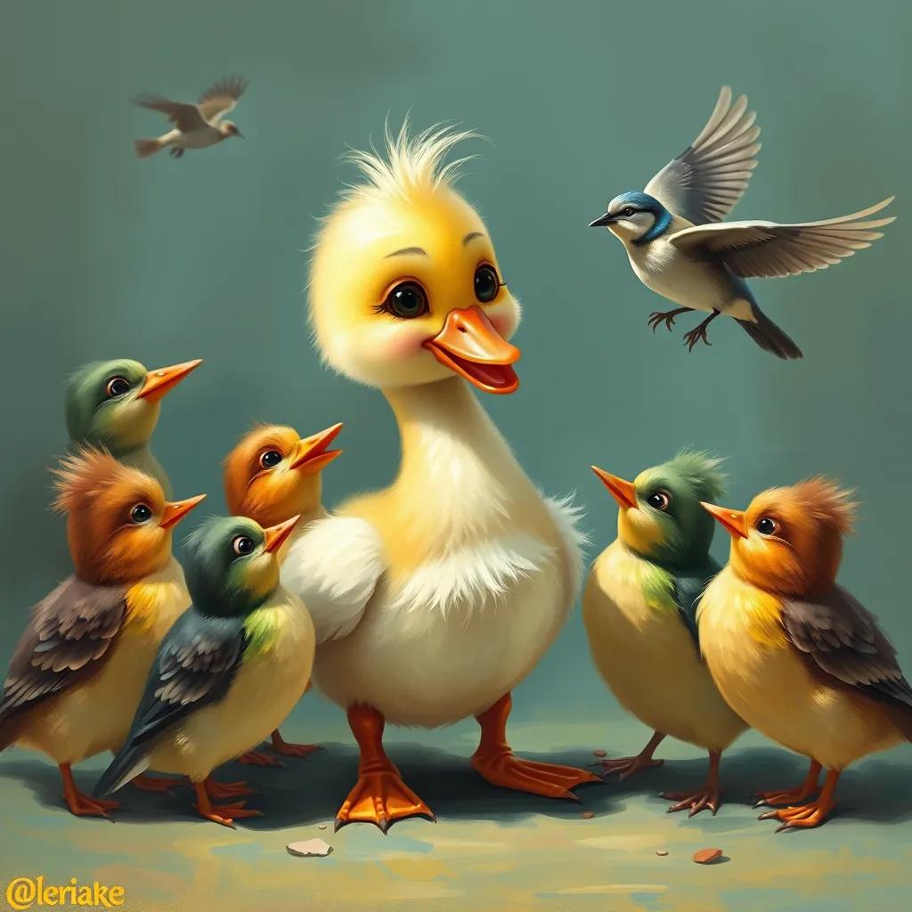 Image of Leila, the little duck, surrounded by her bird friends, watching a small bird demonstrate how to fly, cheerful and supportive atmosphere, bright colors, digital art