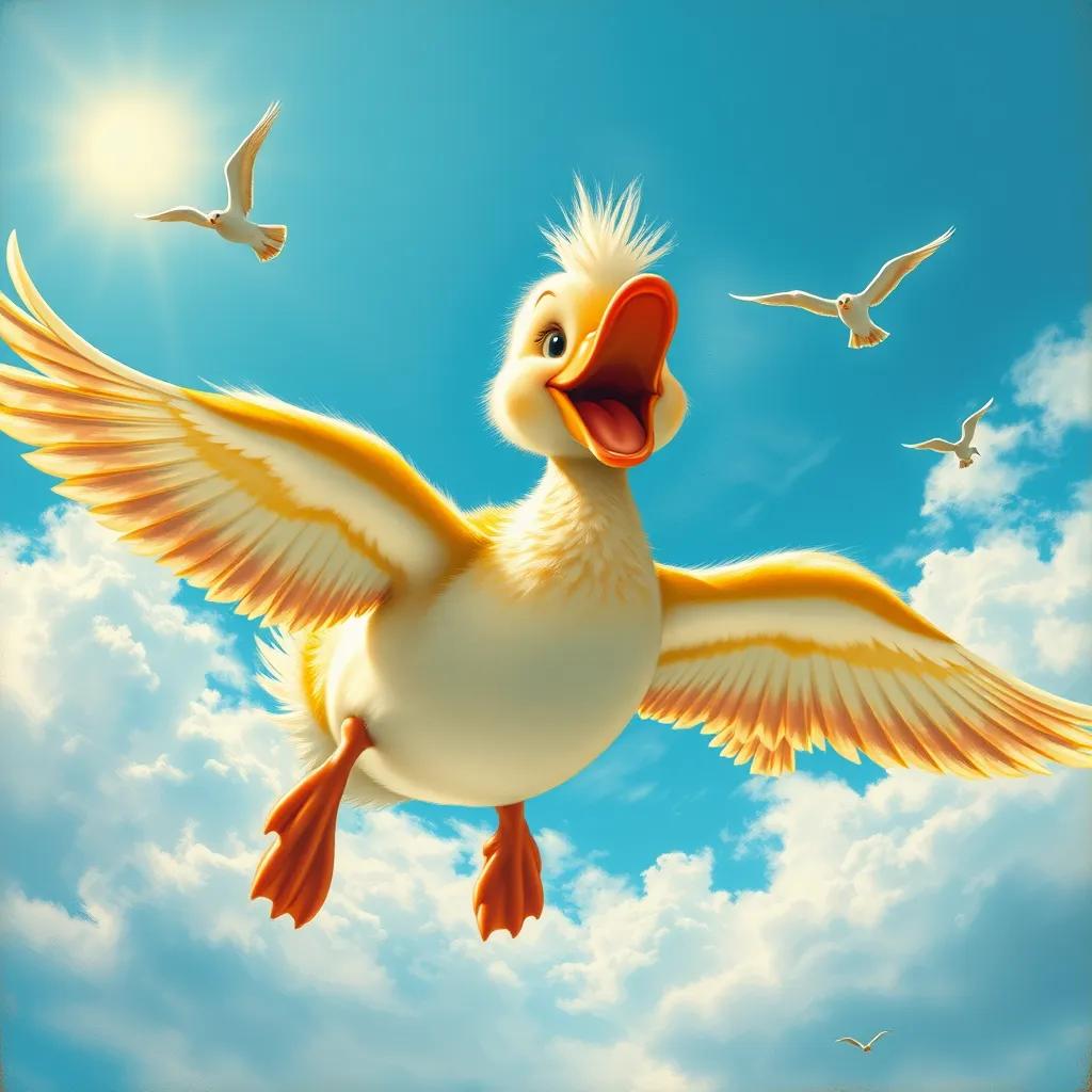 Image of Leila, the small duck, soaring through the bright blue sky with her bird friends, smiling and happy, sun shining, adventure and joy, vibrant, uplifting scene