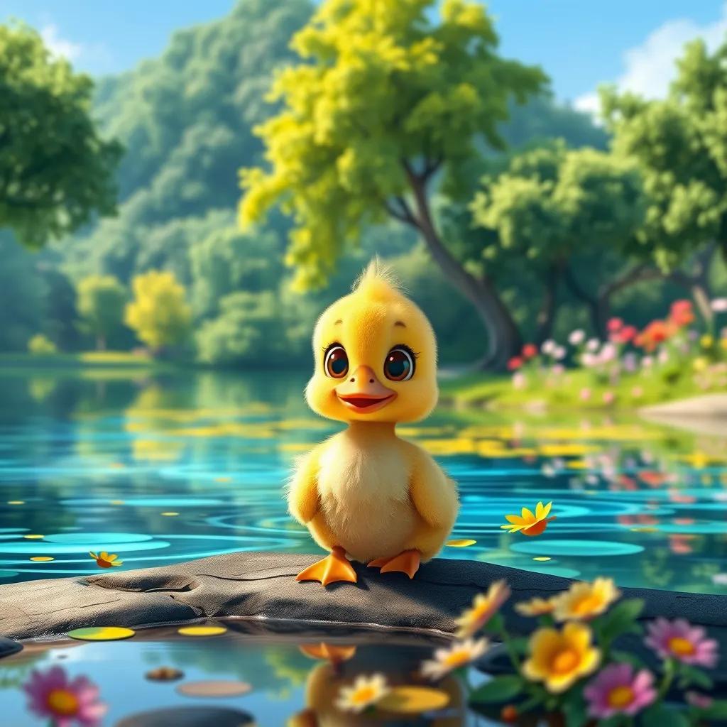 Image of A small duck, Loli, with fluffy yellow feathers and big curious eyes, sitting at the edge of a beautiful lake surrounded by green trees and colorful flowers, digital art, bright colors, cheerful atmosphere, high quality