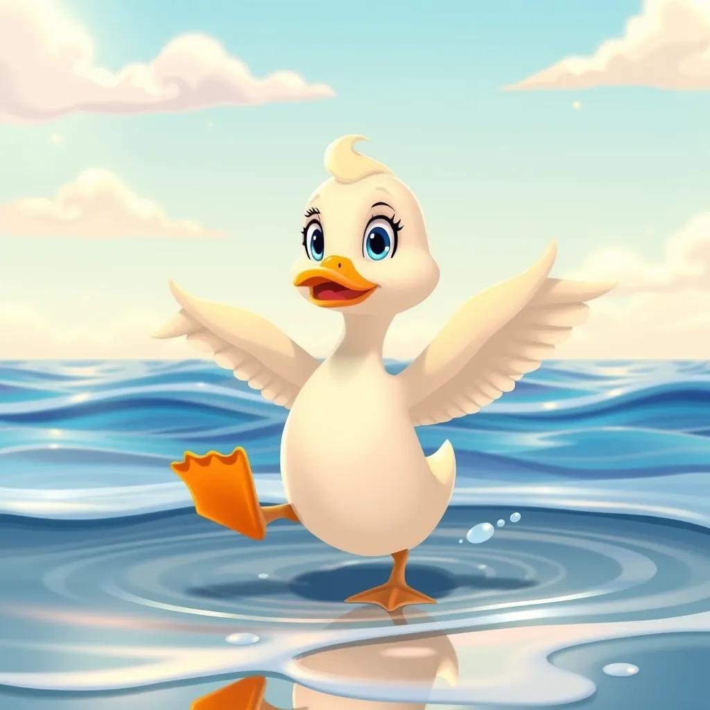 Image of A duck, Loli, stretching her wings by the water, with determination in her eyes, trying to fly, with a sunny sky and gentle waves, illustration, vibrant, uplifting, child-friendly