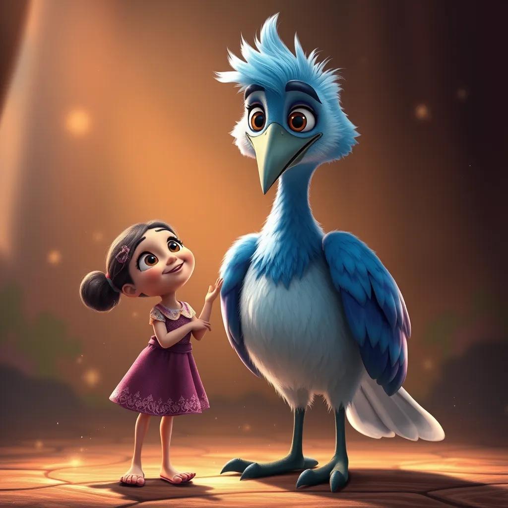 Image of A large bird, Toto, with bright blue feathers and friendly expression, standing beside Loli and encouraging her to fly, with sparkles and magical surroundings, digital painting, friendly, warm light, inspiring