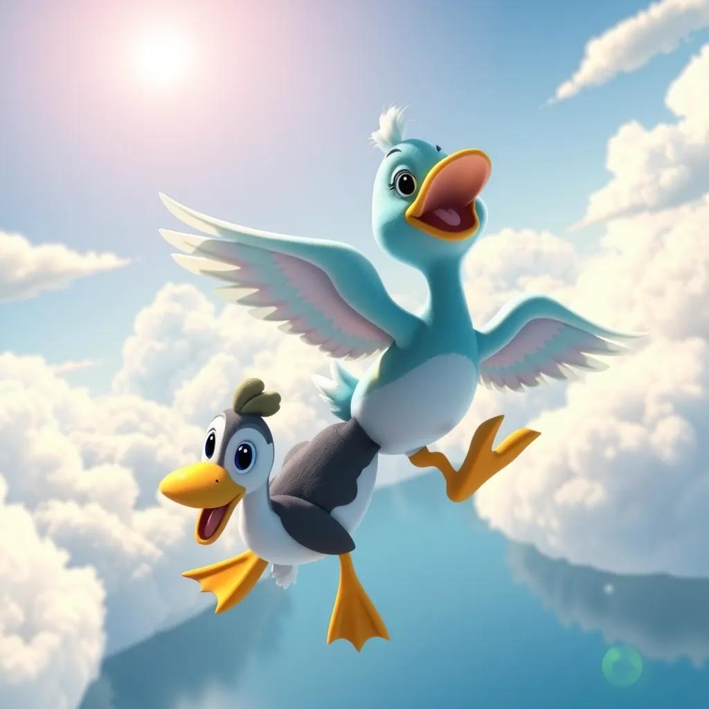 Image of Loli the duck, now flying gracefully in the sky with opened wings, gliding above the lake along with Toto, with the sun shining and fluffy clouds around them, colorful, energetic, joyful