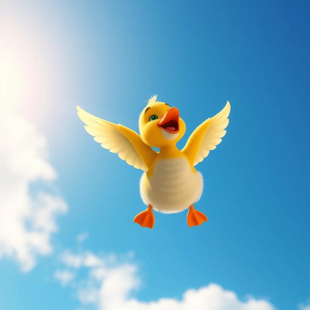 Image of Loli, the small duck, soaring high in a bright blue sky, singing happily with a big smile, showcasing her happiness and freedom, digital art, vivid colors, uplifting imagery