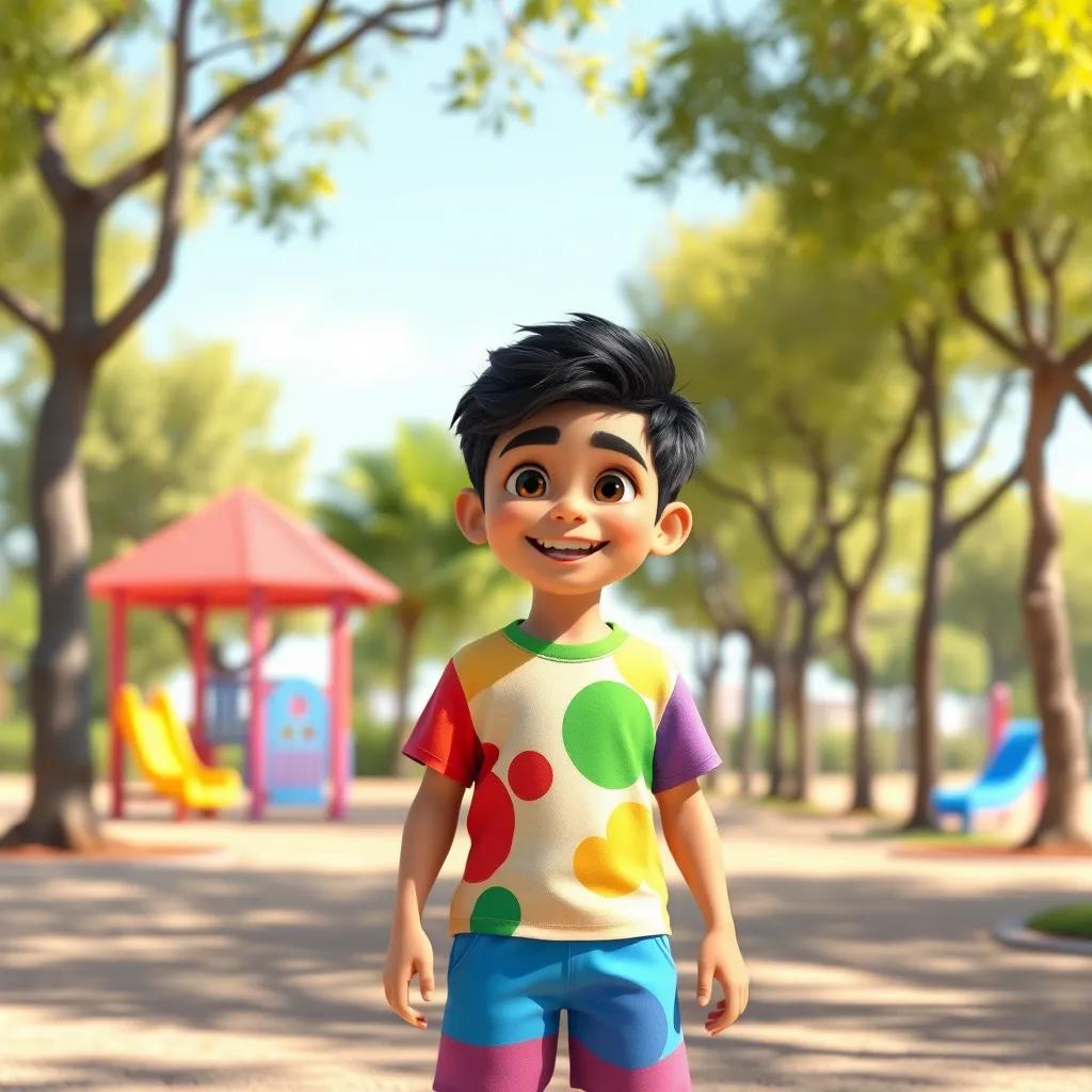 Image of A young Arab boy, Sami, with short black hair, wearing a colorful t-shirt and shorts, standing in a sunny playground with trees, smiling with joy, digital art, bright colors, cheerful atmosphere, high quality