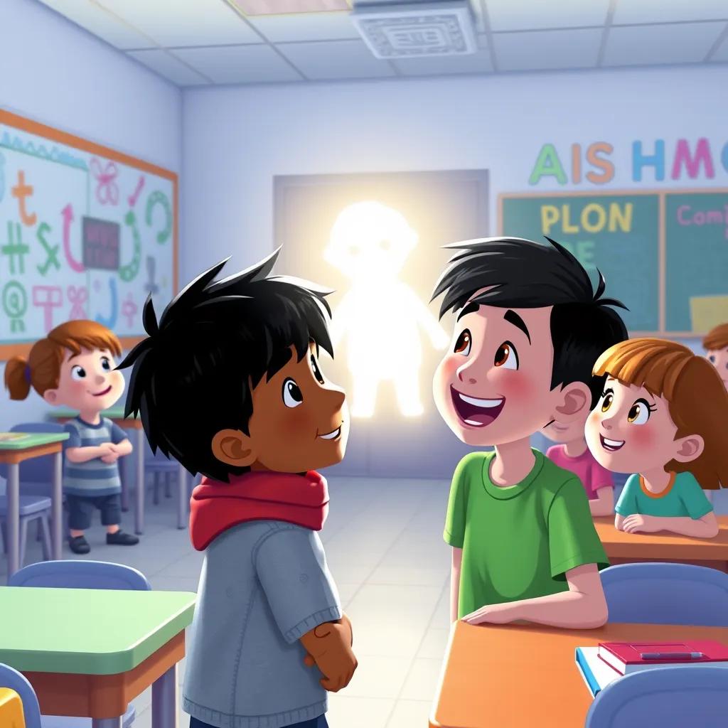 Image of Sami in school with his glowing shadow friend, kids admiring the bright light, colorful classroom with drawings on walls, joyful expression, lively and fun setting, illustration, high quality