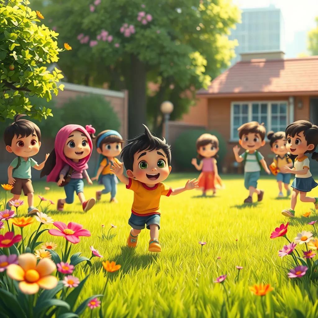 Image of Sami playing in the school yard with other kids, vibrant flowers and green grass, bright light shadow dancing among them, cheerful, colorful, detailed scene, illustration