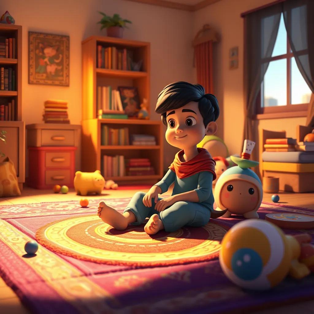 Image of Sami sitting on a colorful rug at home with his glowing shadow, surrounded by toys and books, warm light filling the room, cozy atmosphere, digital art, detailed, inviting