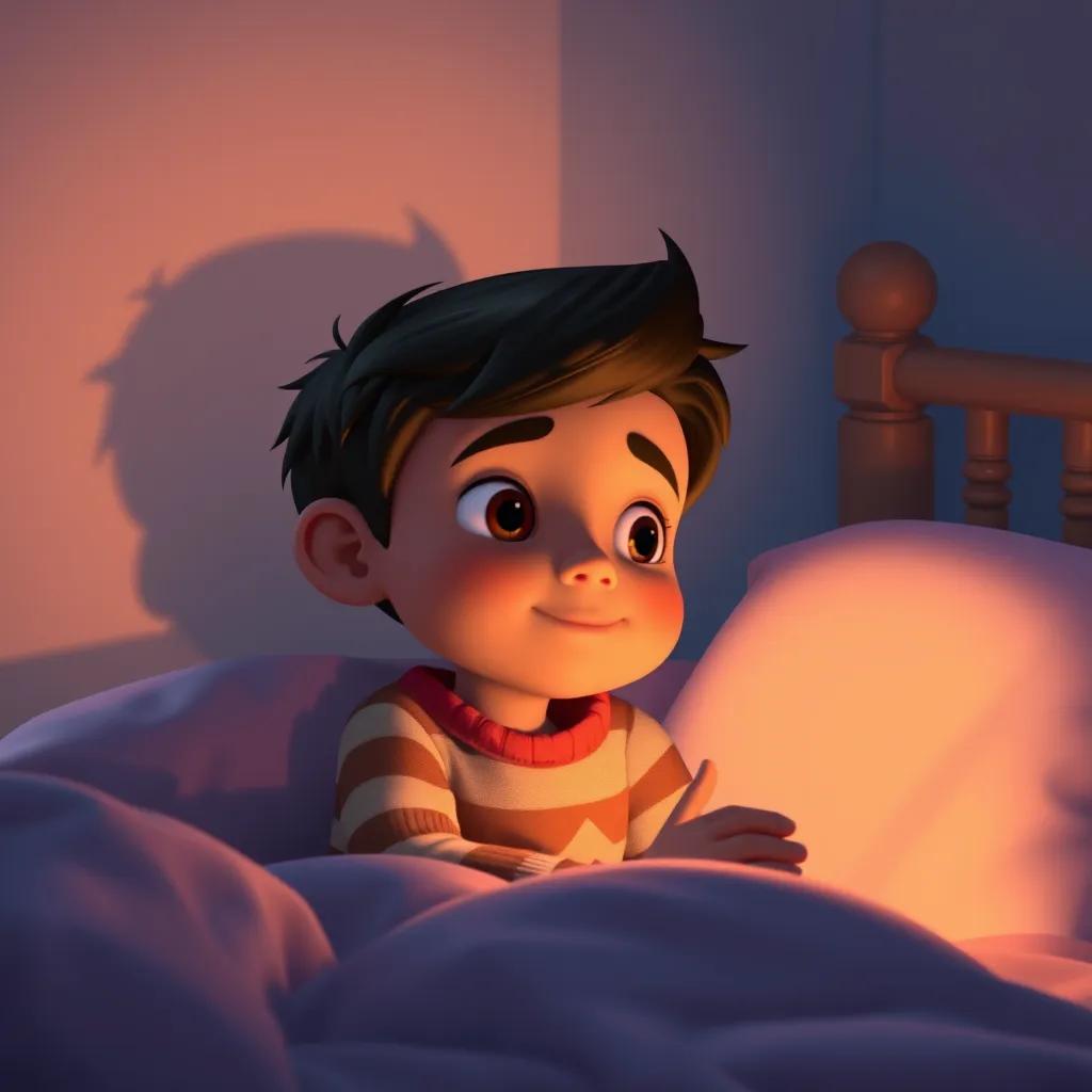 Image of Sami at bedtime, looking at his glowing light shadow, soft bedroom with stars on the wall, gentle and comforting atmosphere, digital painting, warm colors, fantasy