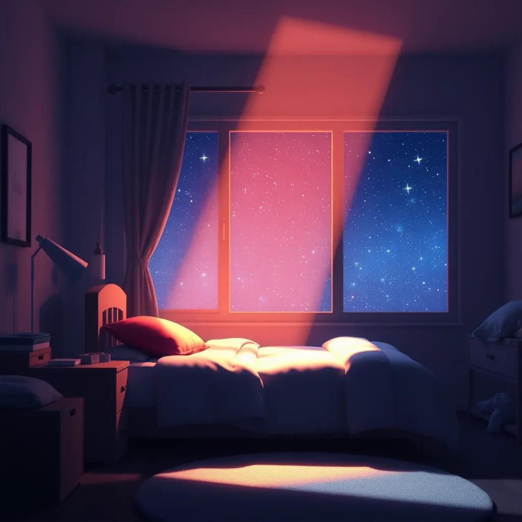 Image of Glowing shadow light dancing around Sami's bedroom at night, stars twinkling outside the window, serene and magical space, digital art, vibrant contrast, high quality