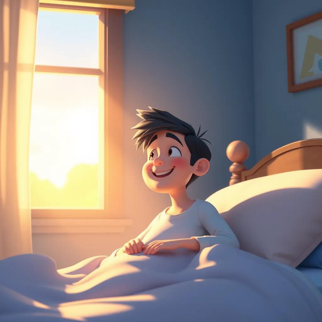 Image of Sami waking up in the morning with his glowing shadow, sunlight streaming in through the window, feeling happy and refreshed, digital art, bright and lively, heartwarming scene