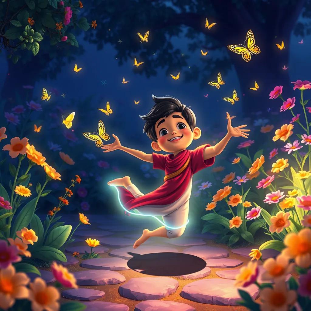 Image of Sami dancing joyfully in the garden with his glowing shadow, surrounded by blooming flowers and butterflies, colorful and bright atmosphere, illustration, enchanting, detailed