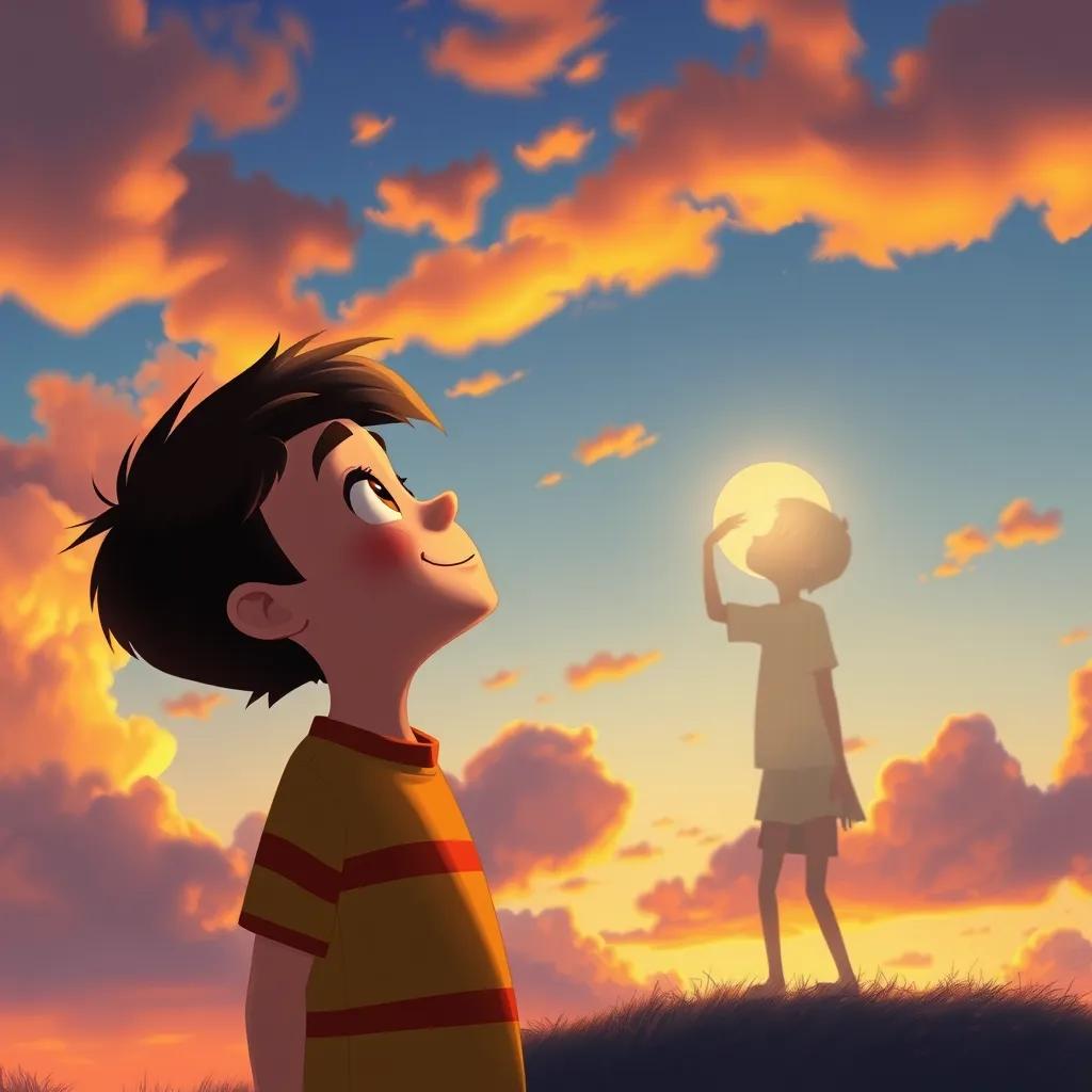 Image of Sami looking up at the sky, thanking his glowing shadow friend, beautiful sunset in the background, clouds painted with warm colors, heartfelt and comforting scene, digital painting, vibrant, emotional