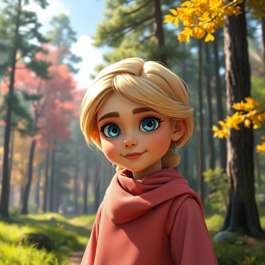 Image of A young Arab girl, Taaheya, with blue eyes and soft blonde hair, standing at the edge of a beautiful forest with tall trees, vibrant nature all around, digital art, bright colors, inviting atmosphere, high quality