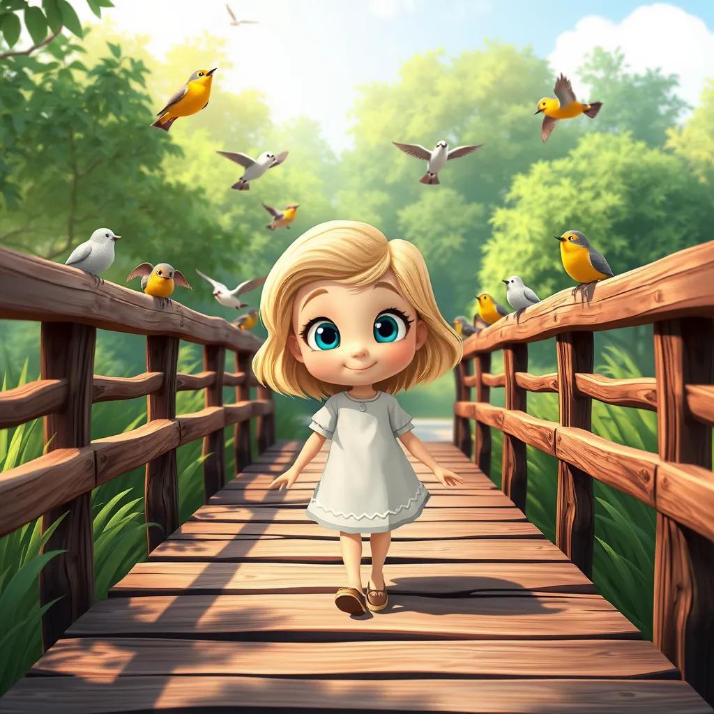 Image of Taaheya, a young girl with blue eyes and soft blonde hair, crossing a pretty wooden bridge with birds singing around, surrounded by lush greenery, cheerful, illustrated style, high quality, child-friendly