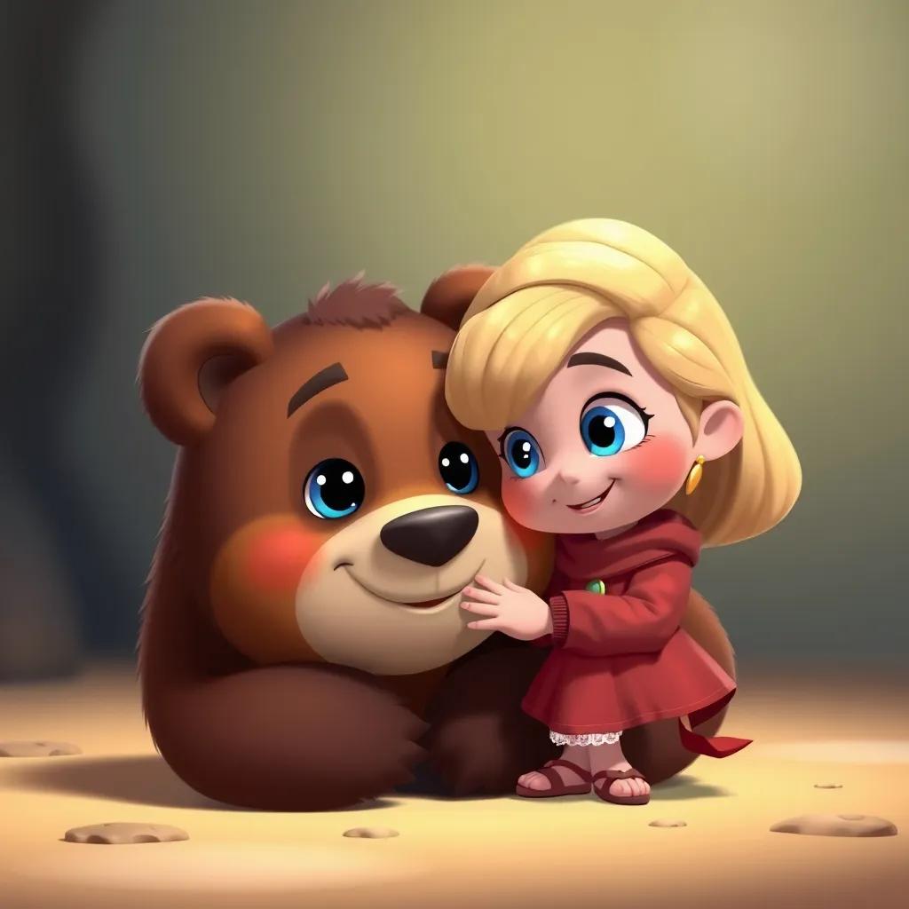 Image of A cute brown bear, helping Taaheya, a young girl with blue eyes and soft blonde hair, with a friendly expression and cuddly paws, digital art, cheerful, warm colors, high quality