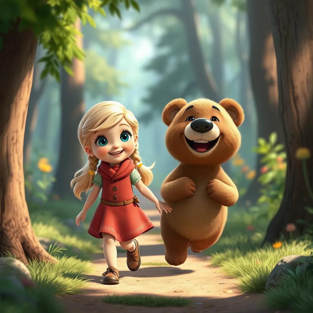 Image of Taaheya, a young girl with blue eyes and soft blonde hair, walking with a cute brown bear, sharing laughter and joy in the forest path, playful atmosphere, colorful, high quality