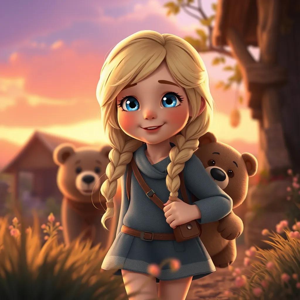 Image of Taaheya, a young girl with blue eyes and soft blonde hair, happily returning home in the evening light, surrounded by nature with her bear friend, warm colors, heartwarming scene, high quality