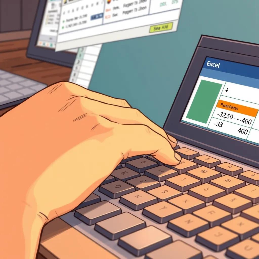 Image of A close-up of a hand typing on a keyboard, with Excel open, showing parentheses being used around numbers, warm light, detailed illustration, focused, educational theme, high quality