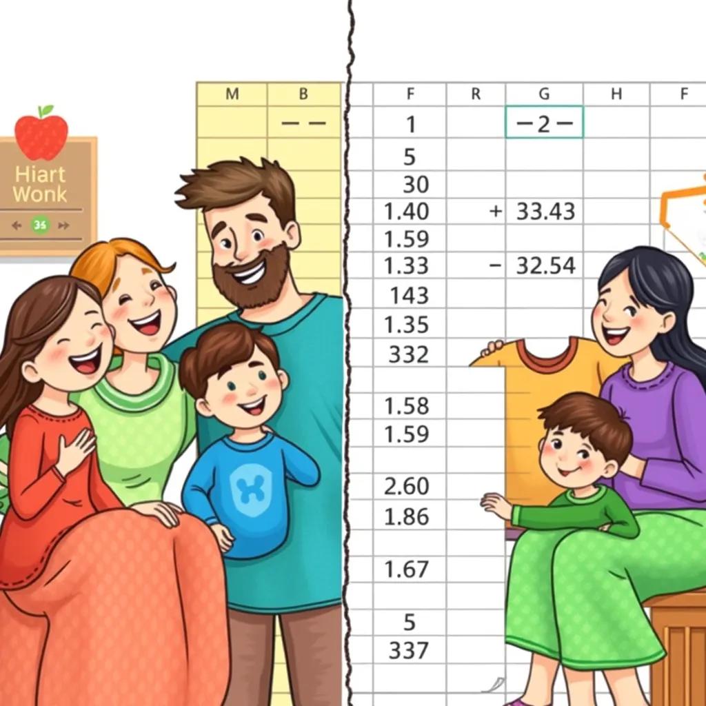 Image of A split scene showing a joyful family gathering, one side with numbers being added, and the other with numbers being subtracted in an Excel worksheet, vibrant colors, homey feel, heartwarming imagery, high quality