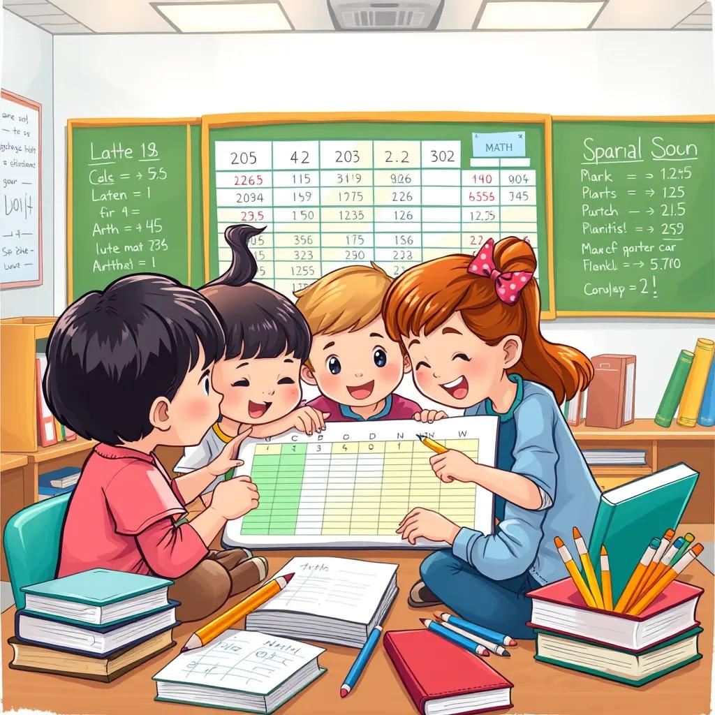 Image of A captivating image of children learning math together using an Excel spreadsheet, surrounded by books and pencils, colorful classroom setting, joyful atmosphere, high quality