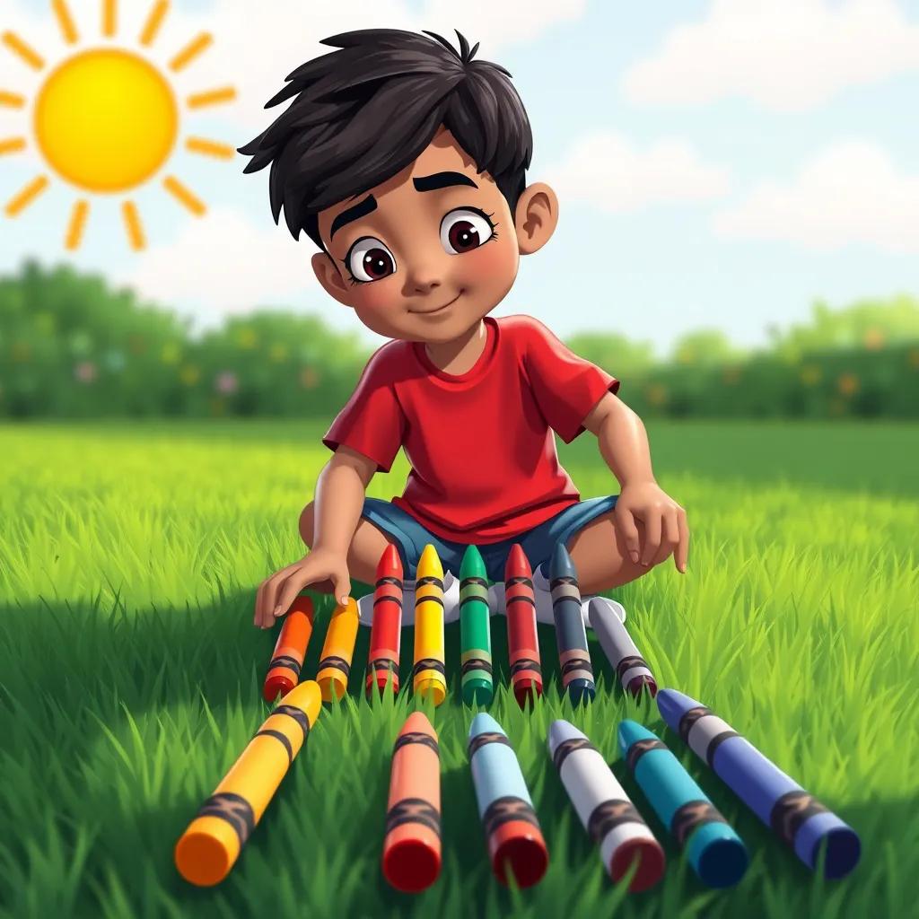 Image of Omar, a young Arab boy, with short black hair, wearing a red t-shirt and blue shorts, arranging different colored crayons in a neat row on the grass, a friendly looking sun in the background, illustration, colorful, playful, engaging perspective