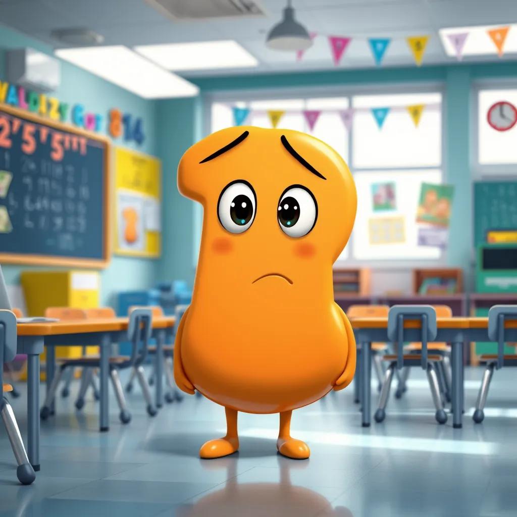 Image of A shy number 12, looking nervous but curious, standing near the multiplication table, in a bright classroom, cartoonish style, friendly vibes, colorful decorations, soft light