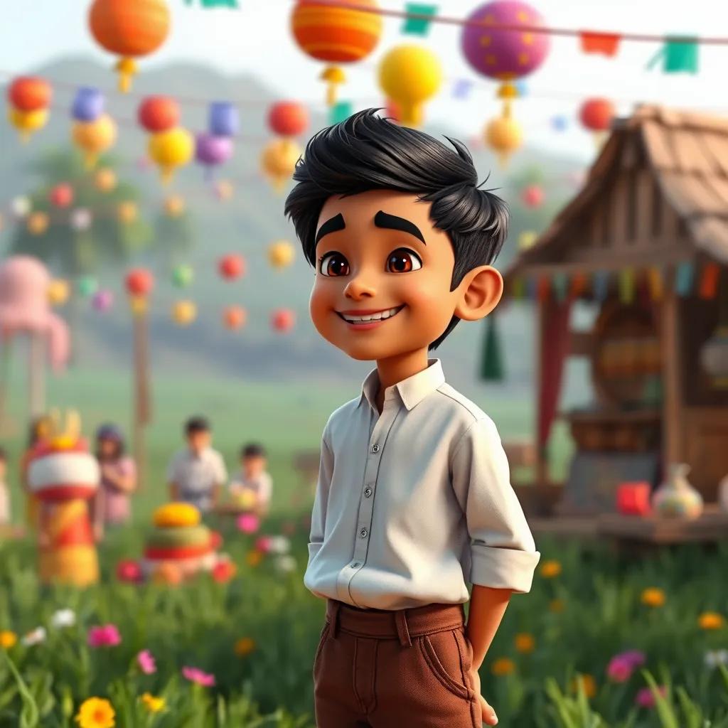 Image of A young Arab boy, Hatim, with short black hair, wearing a simple white shirt and brown trousers, smiling happily while hosting a village celebration in a green field filled with colorful decorations, digital art, bright colors, festive atmosphere, high quality