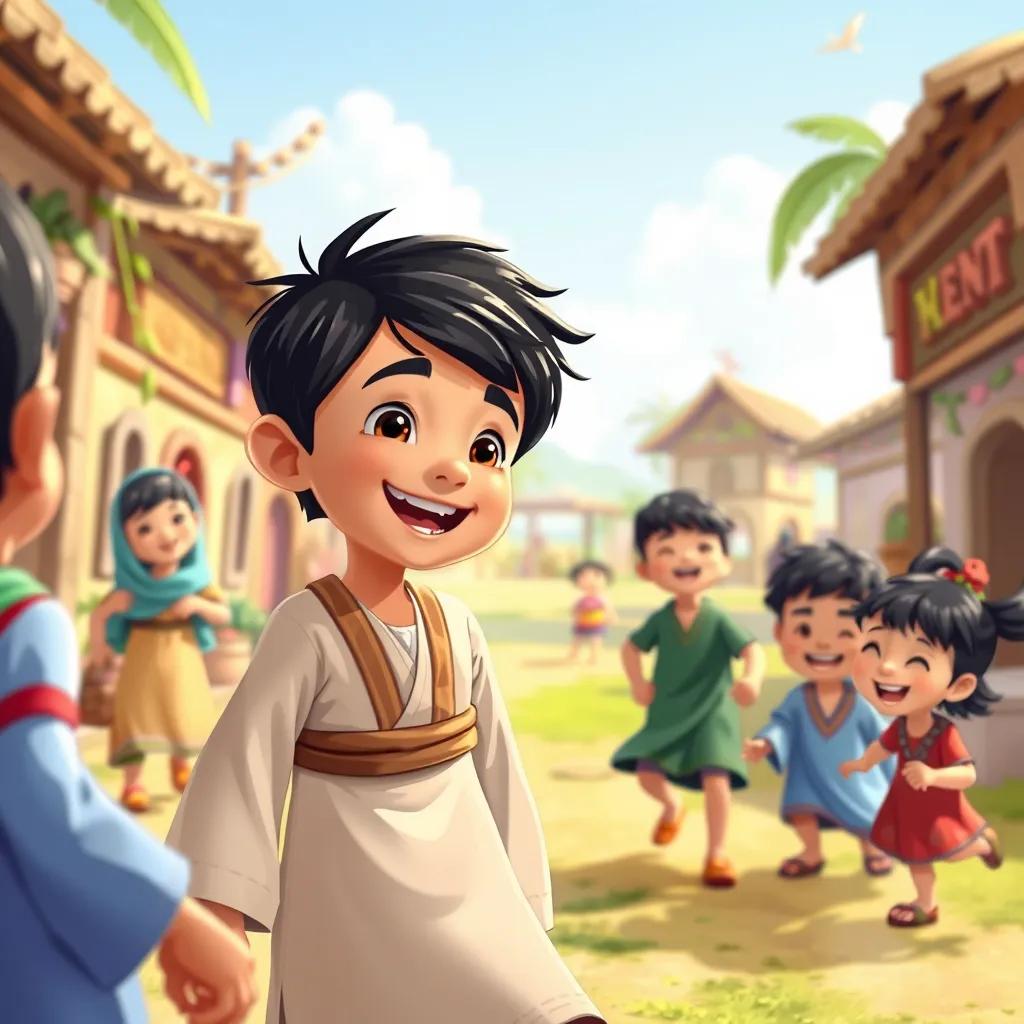 Image of Hatim, a young Arab boy with short black hair, wearing a traditional outfit, joyfully playing games with children in a lively village, laughter and joy in the air, illustration, cheerful, vibrant, child-friendly