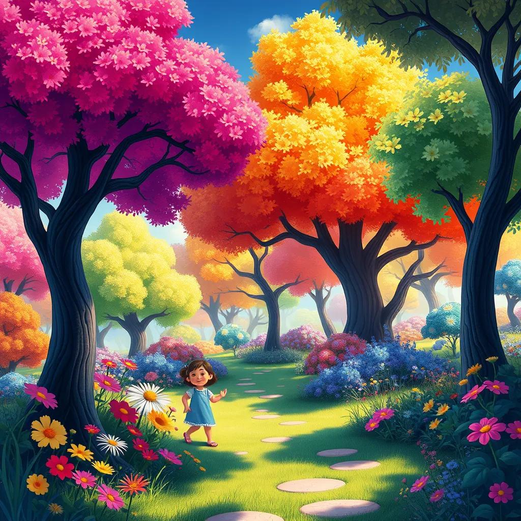 Image of A magical garden full of bright trees and colorful flowers, with children playing happily under the trees, digital art, vibrant colors, cheerful atmosphere, high quality