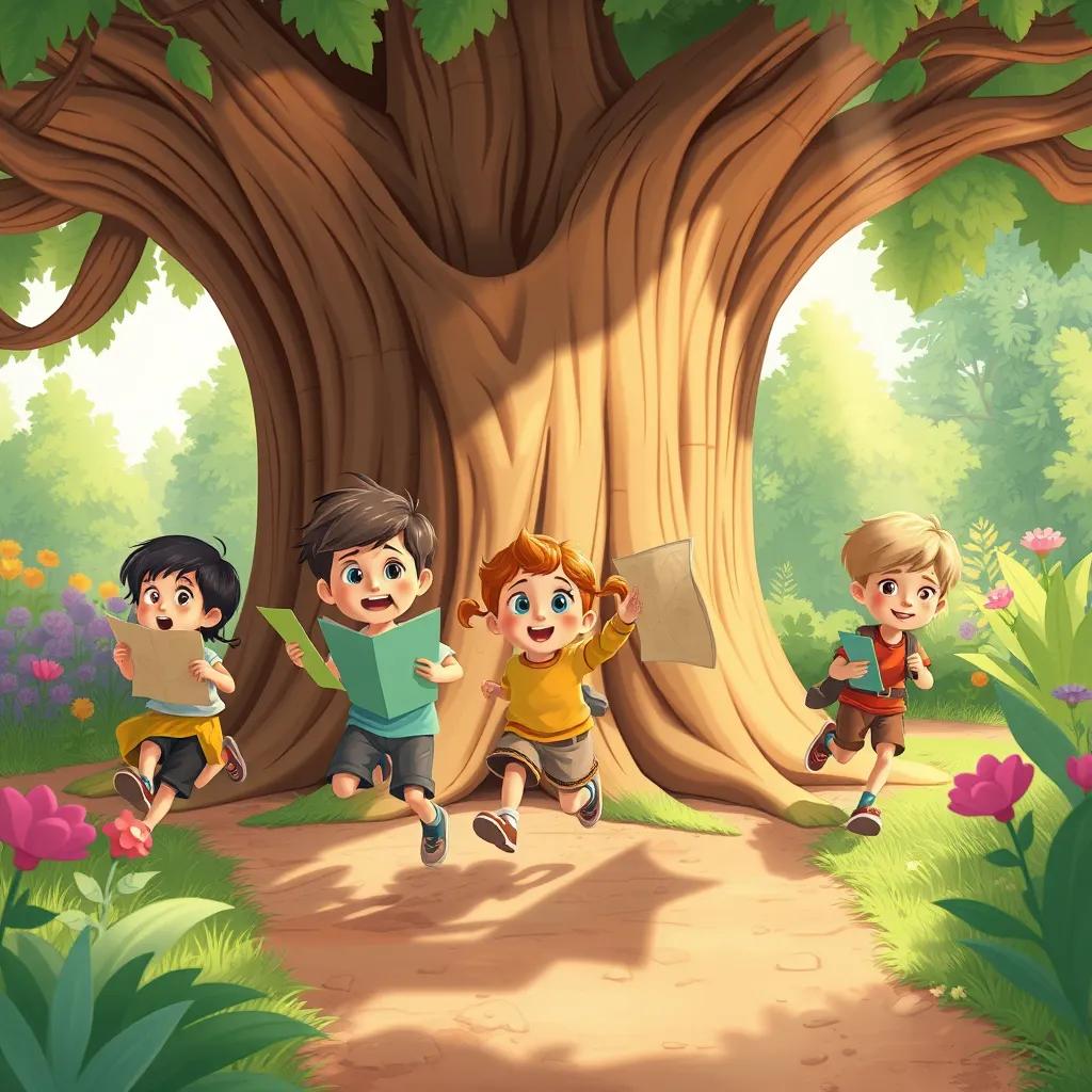 Image of Children holding small maps, running around a giant tree in the garden, searching for treasure, bright sunlight shining down, illustration, fun and playful, child-friendly