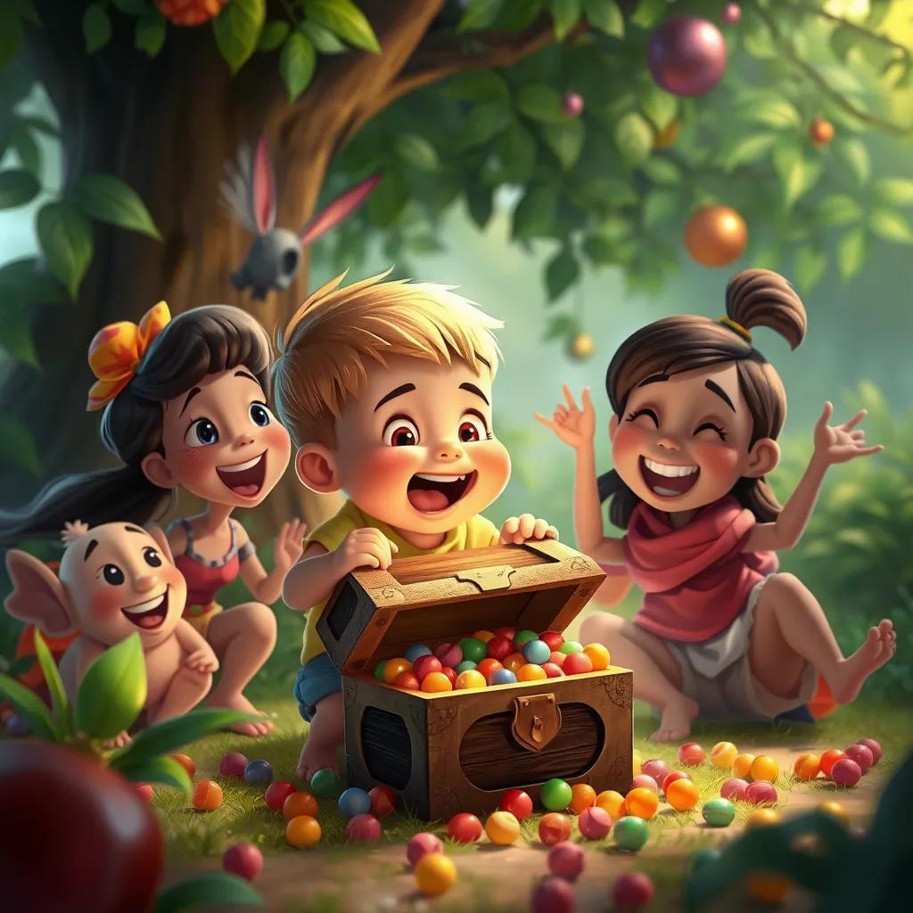 Image of A child excitedly finding a small treasure chest filled with candies, surrounded by joyful friends, lush greenery in the background, digital painting, colorful, festive atmosphere