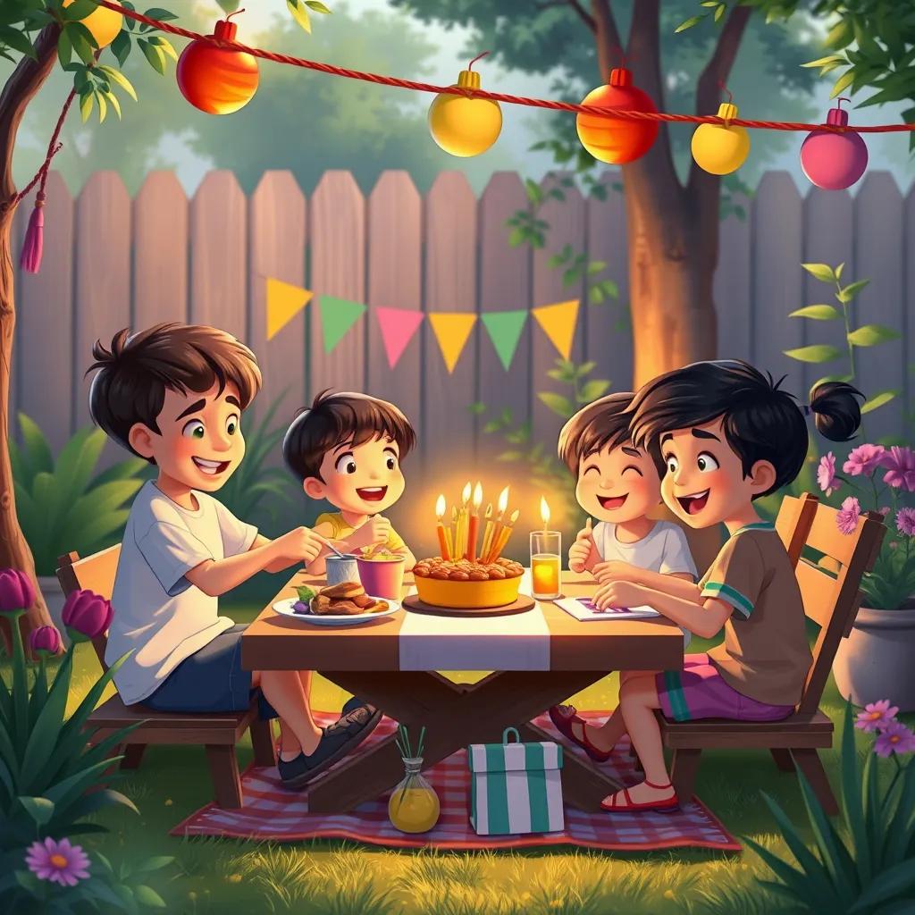 Image of Children setting up a small party in the garden, with food and games, laughter and smiles, decorated picnic area, warm light, illustration, heartwarming