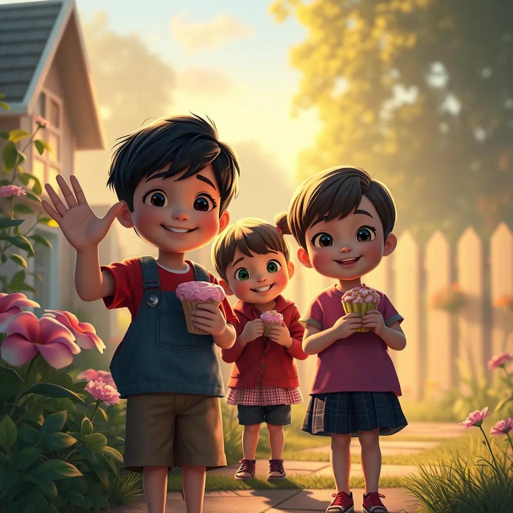 Image of Children waving goodbye while leaving the garden, holding sweet treats from their treasure, evening light, happy expressions, dreamy atmosphere, digital art, nostalgic