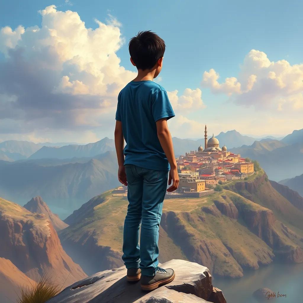 Image of A young Arab boy, Sami, with short black hair wearing a blue t-shirt and jeans, standing on a mountain peak looking over his beautiful village, digital art, vibrant colors, serene atmosphere, high quality