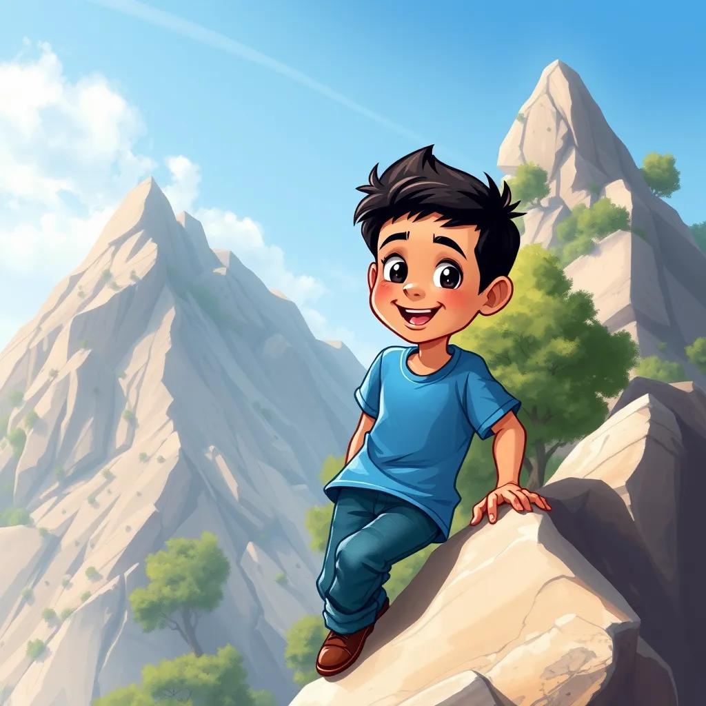 Image of A young Arab boy, Sami, with short black hair wearing a blue t-shirt and jeans, climbing a mountain with trees and a clear blue sky, illustration, adventurous, cheerful, child-friendly