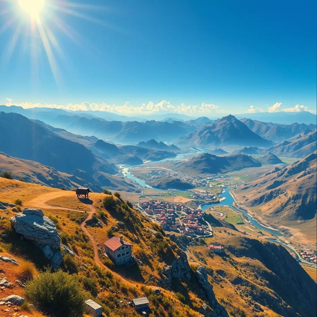 Image of A breathtaking view from the mountain top showing Sami's village below with rivers sparkling in the sunlight, stunning landscape, bright colors, realism