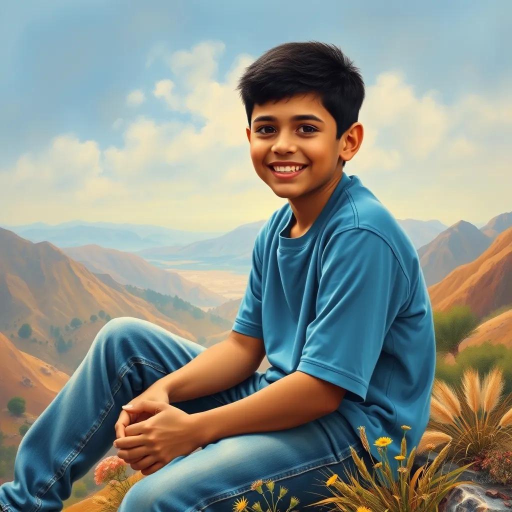 Image of A young Arab boy, Sami, with short black hair wearing a blue t-shirt and jeans, sitting on the mountain with a smile, looking happy and content surrounded by nature, heartwarming, warm colors, uplifting