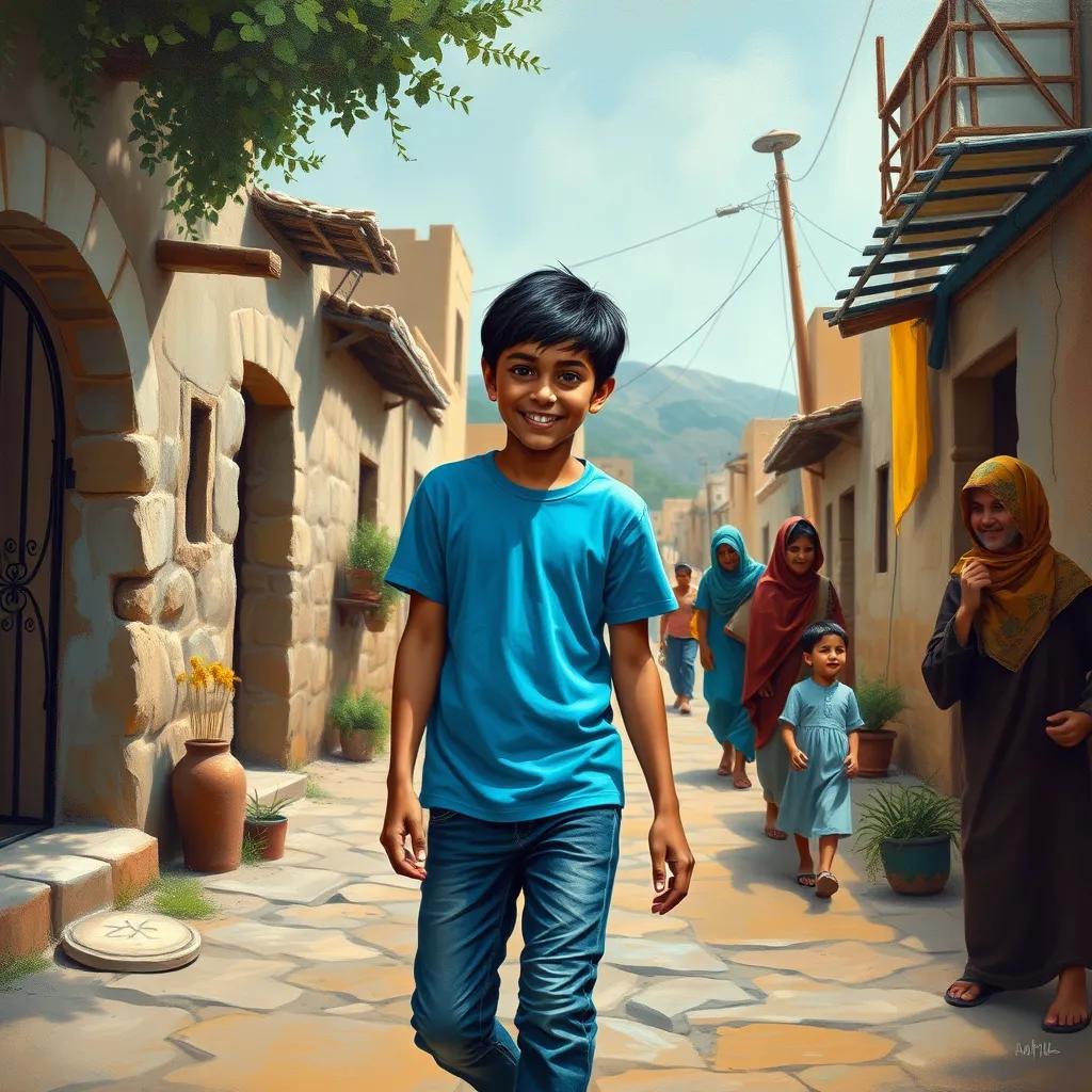 Image of A young Arab boy, Sami, with short black hair wearing a blue t-shirt and jeans, walking back home with a bright smile, his village and friends welcoming him, joyful, vibrant colors, cozy atmosphere