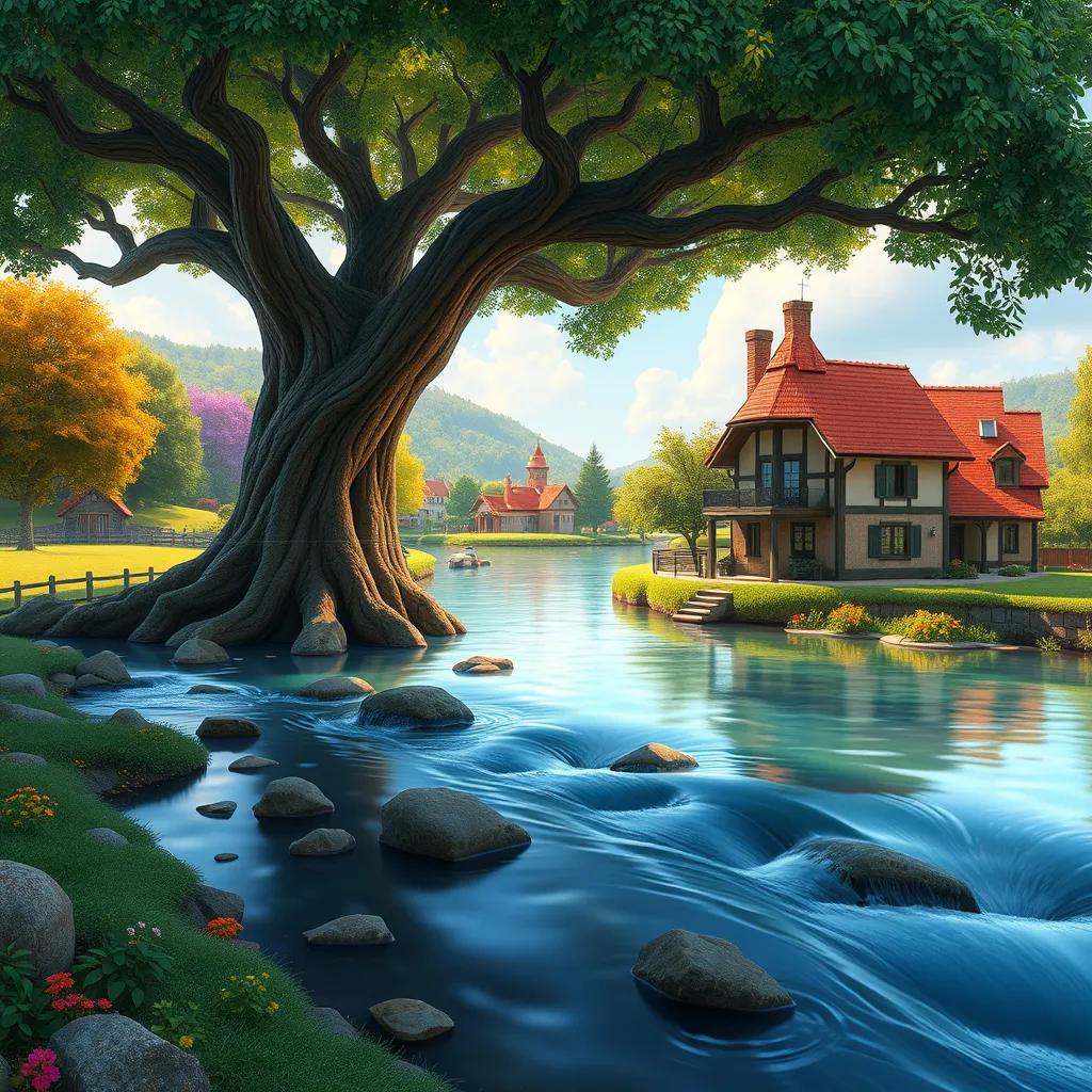 Image of A tranquil village by a river flowing gently, with a large talking tree by the riverbank, colorful nature surrounding it, cheerful atmosphere, digital art, bright colors, inviting scenery, high quality