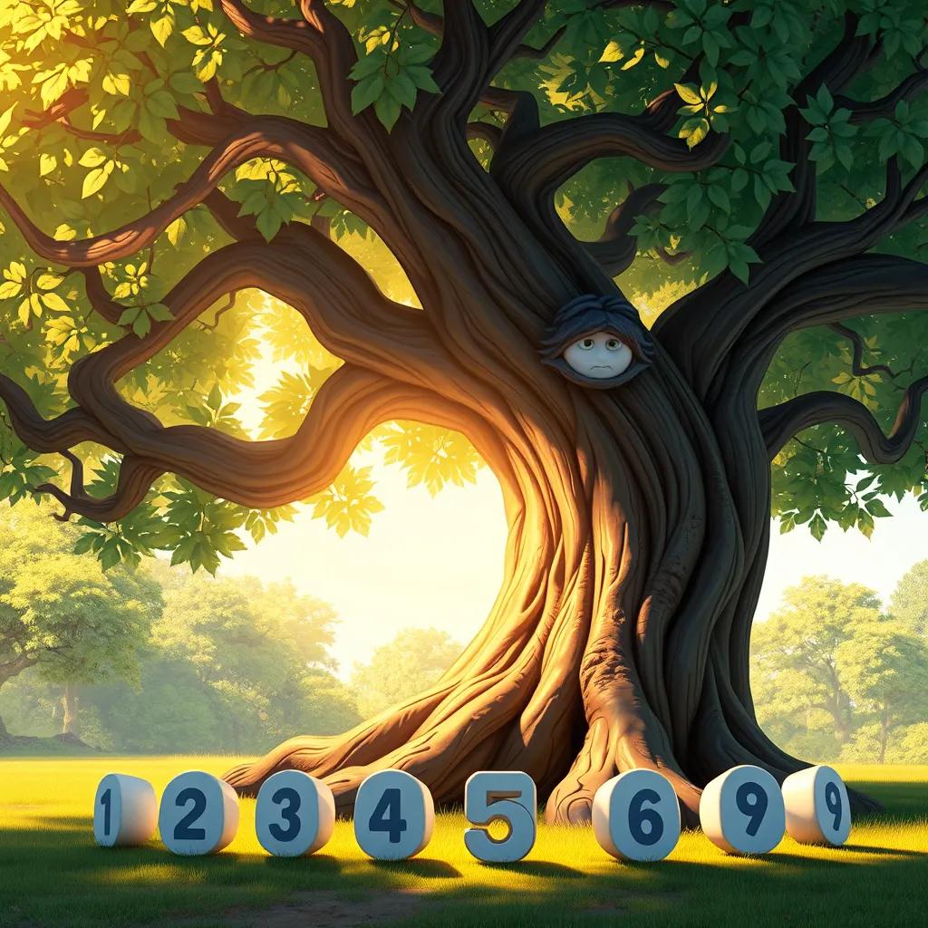 Image of The talking tree explaining the order of operations, with numbers listening attentively at its base, warm sunlight filtering through leaves, inviting scene, digital painting, detailed