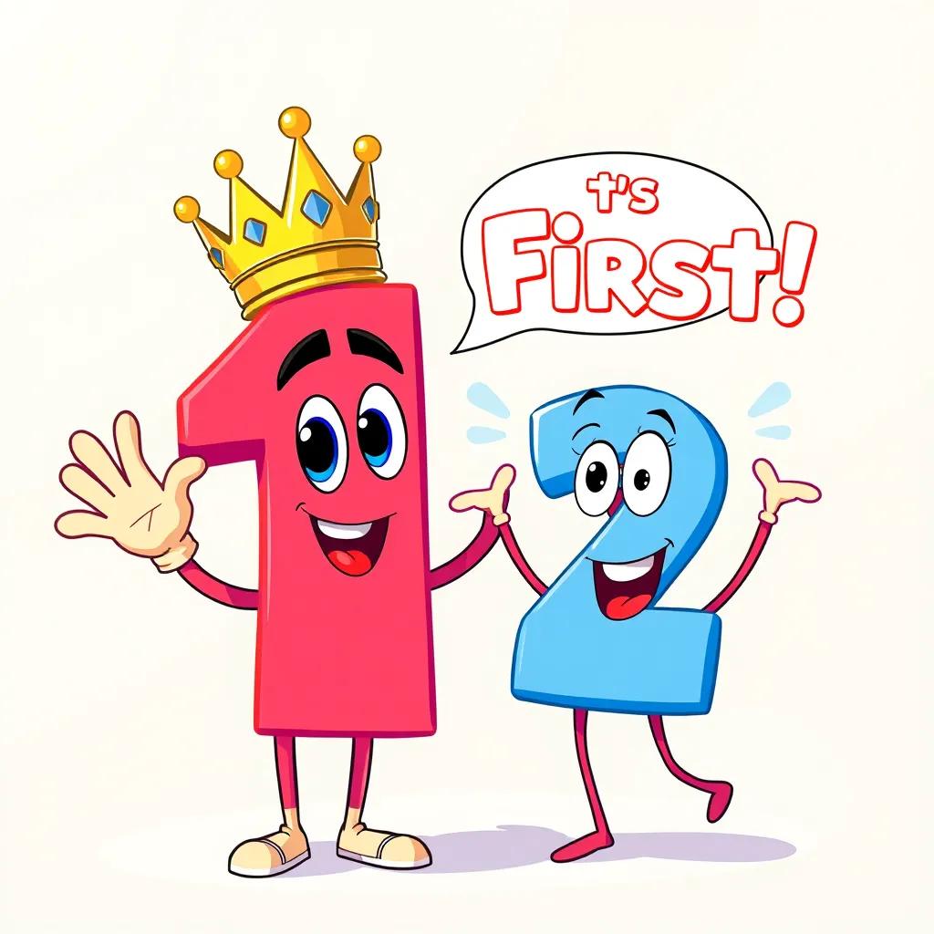 Image of The number one wearing a crown, confidently stating he's first, number two looking enthusiastic beside him, vibrant background, bright colors, cheerful scene, illustration