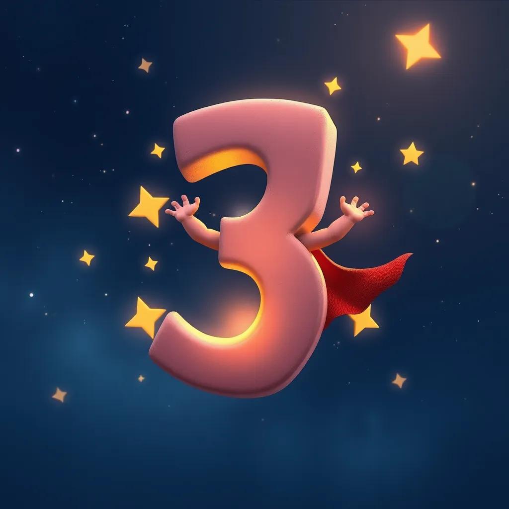 Image of The number three showcasing its strength with a small superhero cape, surrounded by stars, dreamlike atmosphere, digital art, uplifting, child-friendly