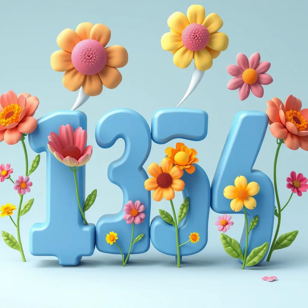 Image of The numbers animatedly discussing multiplication with colorful visuals of flowers representing their strength, joyful and lively, whimsical artwork, high quality