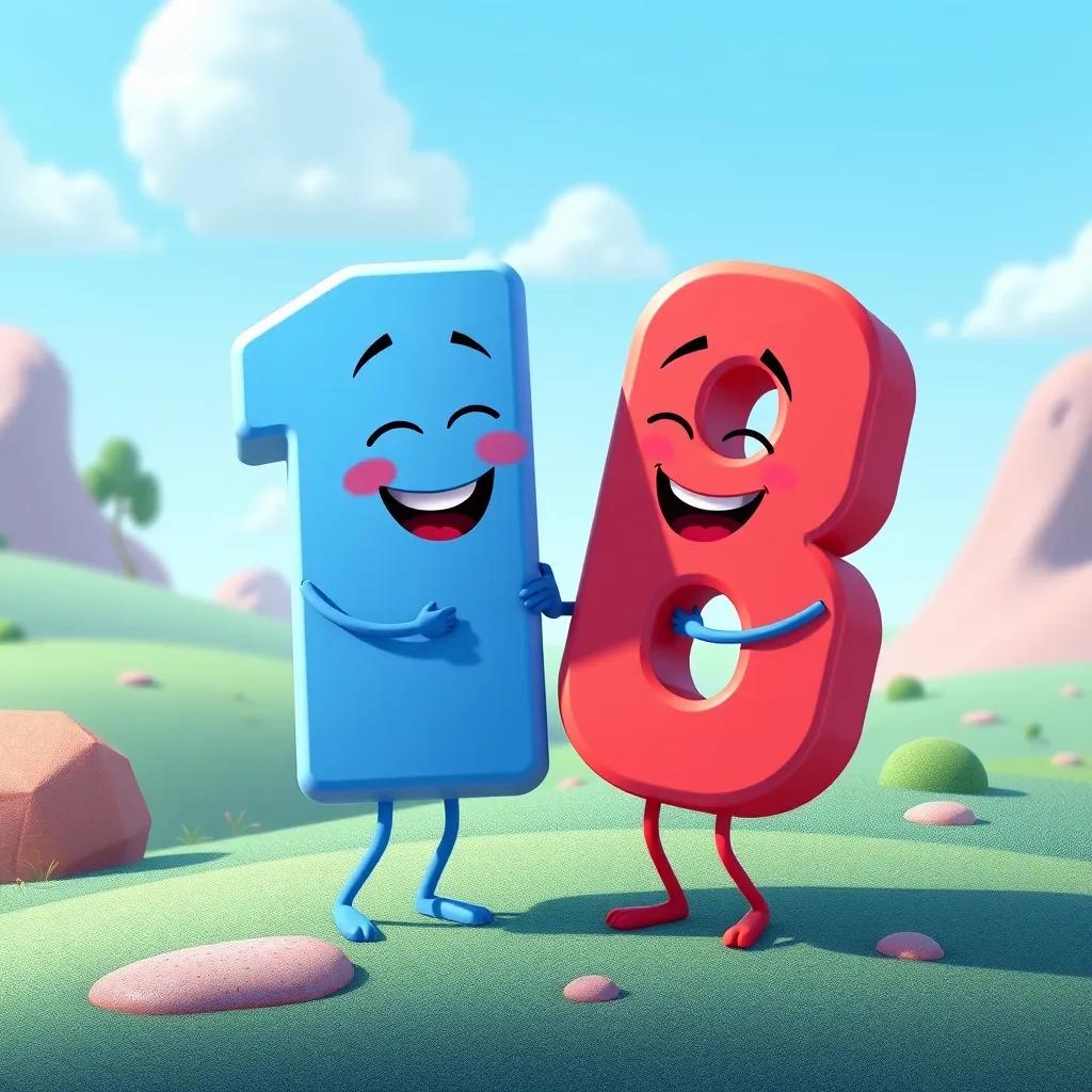 Image of The numbers joining together, laughing while sharing, as two numbers stand tall to represent division, playful and friendly, vibrant landscape, illustration