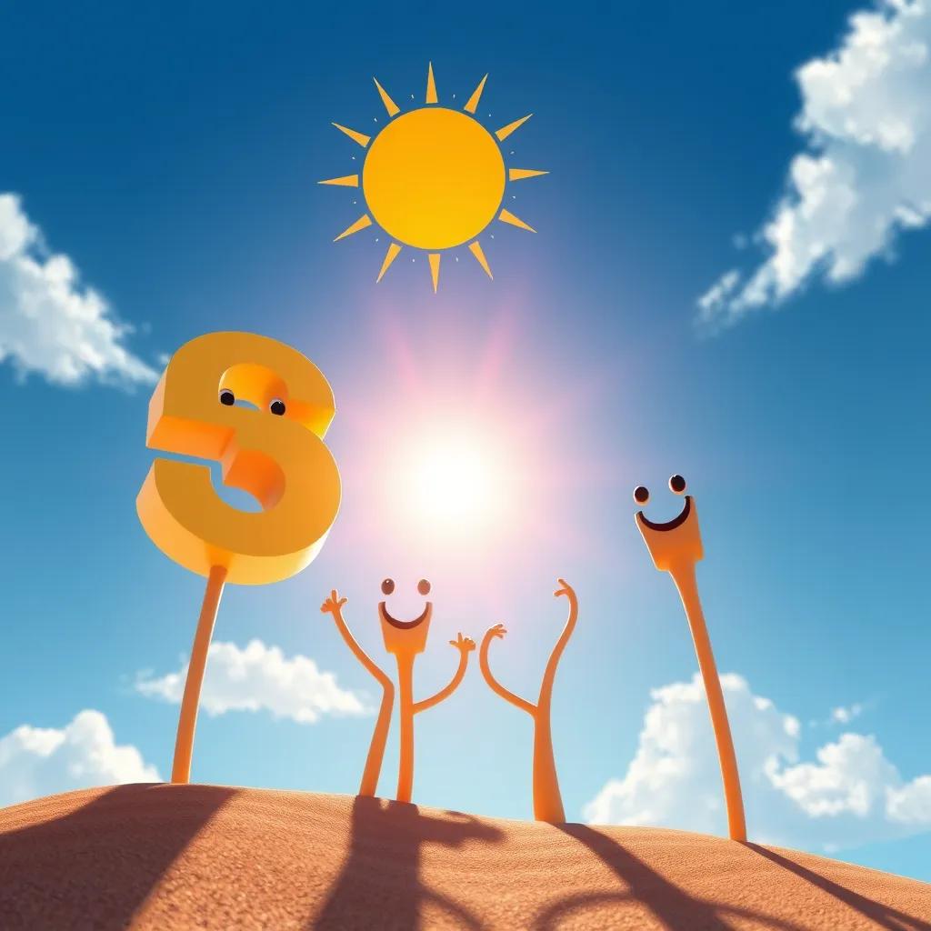 Image of The numbers reaching towards the sky, representing the concepts of addition and subtraction with cheerful gestures, together under a bright sun, engaging visual, digital art, inviting atmosphere